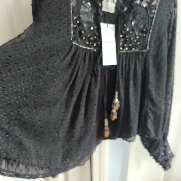 Zara Plumetis Black Jacket w Sequins and Beaded Tassels XS - Picture 7 of 12